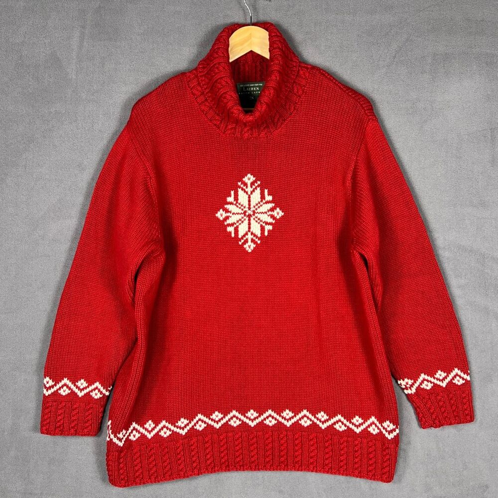 Vintage Lauren Ralph Lauren Red Hand Knit Snowflake Turtleneck Sweater Plus Size